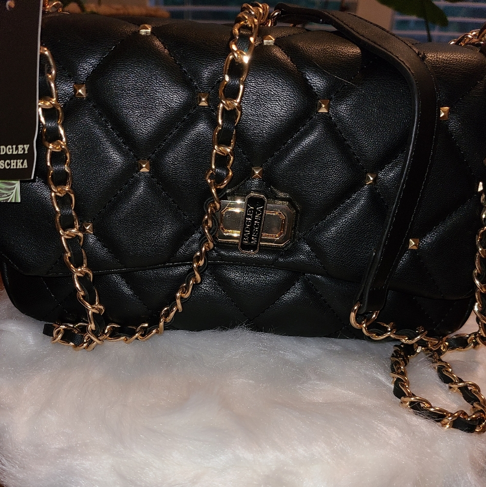 Badgley Mischka Quilted Black and Gold Studded Crossbody Bag Vegan Leather NWT